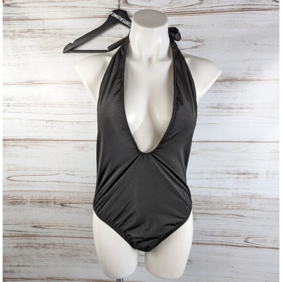 Luna Tuccini Black Halter Deep V Neck One-piece Bathingsuit Swim Sz 10 New - Picture 1 of 4